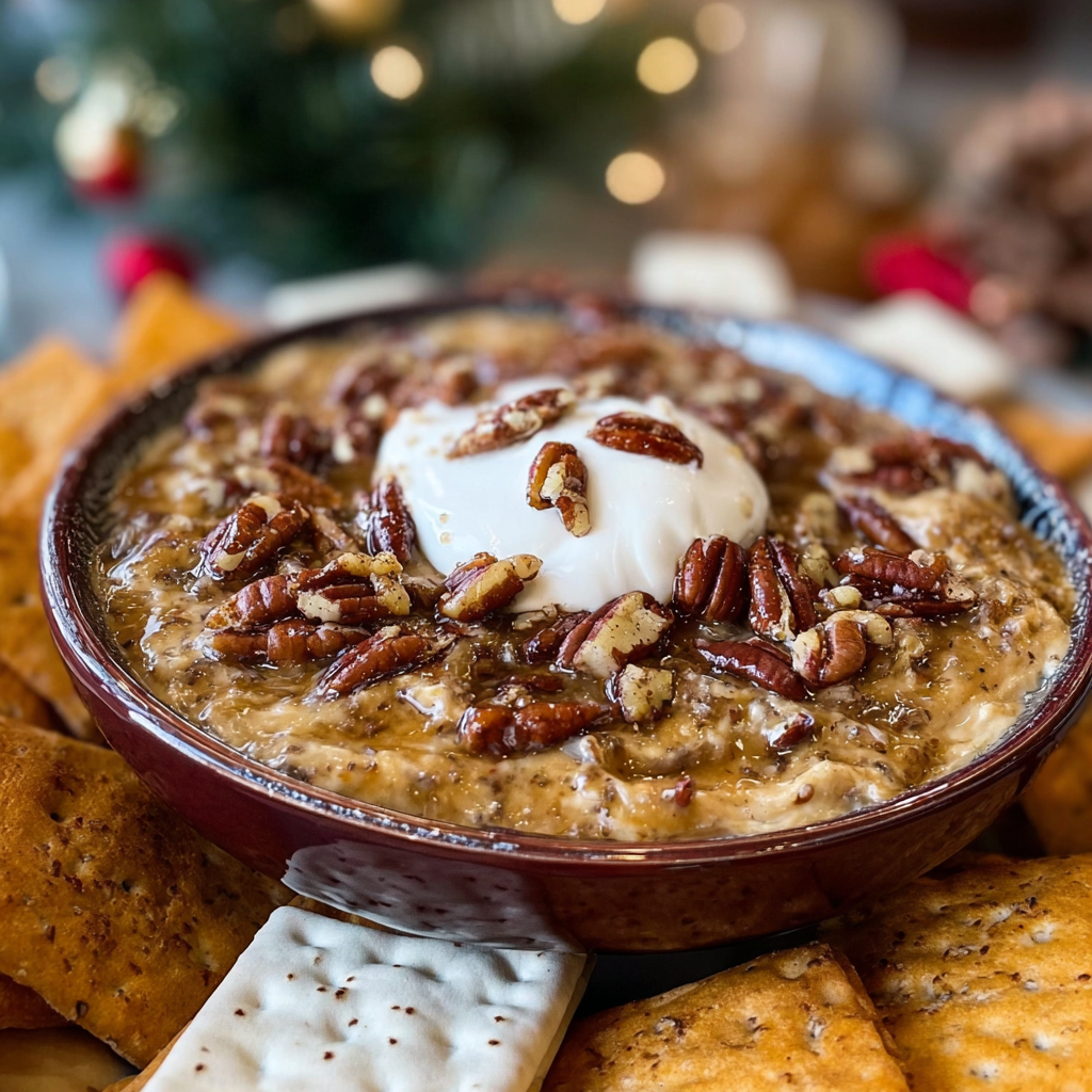 A bowl of pecan chutney with a dollop of cream on top.