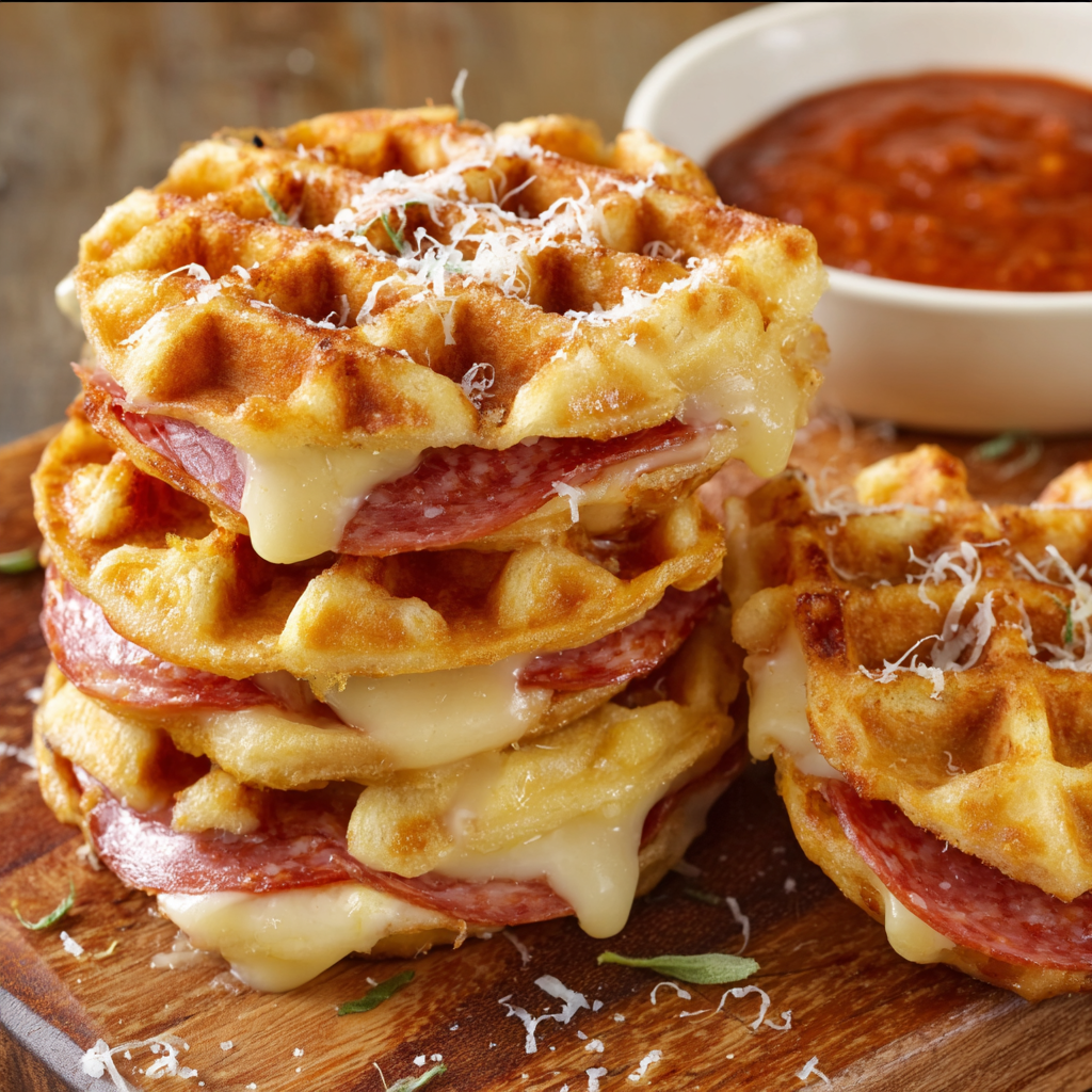 A stack of waffles with cheese and tomato sauce.