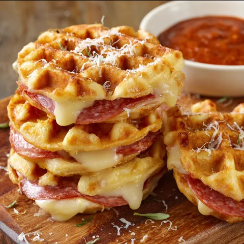 A stack of waffles with cheese and tomato sauce.