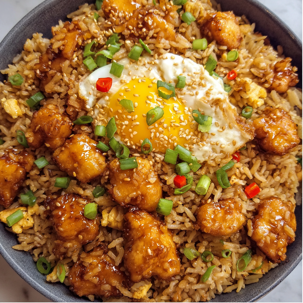 A bowl of Chinese food with rice and chicken.