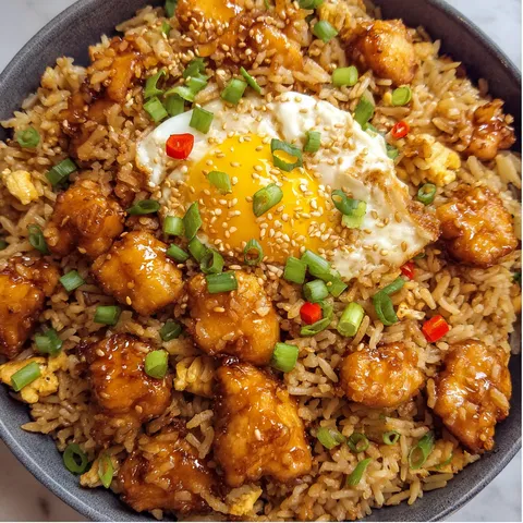 A bowl of Chinese food with rice and chicken.