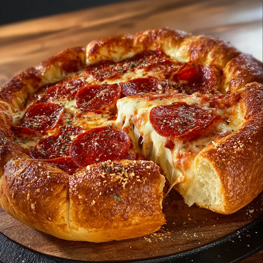 A pepperoni pizza in a pan.