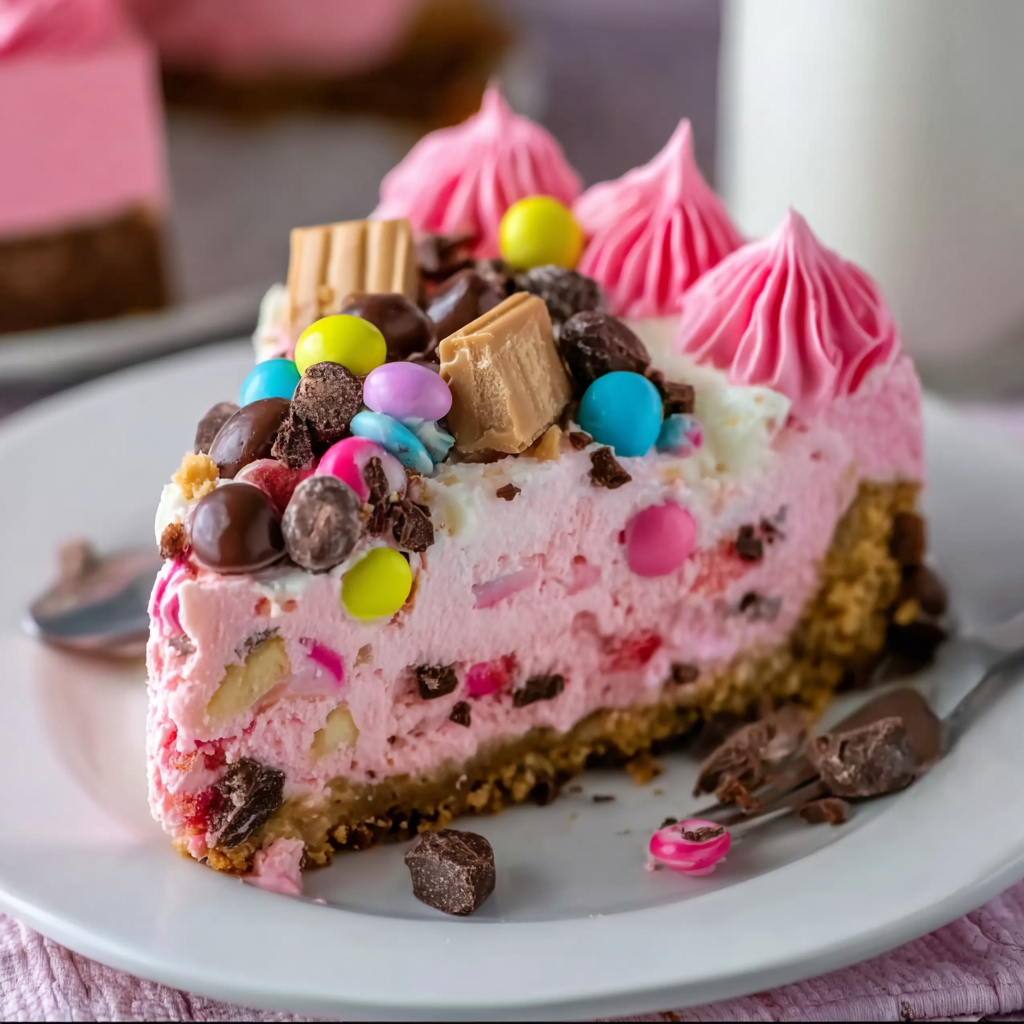 A slice of cake with chocolate and candy toppings.