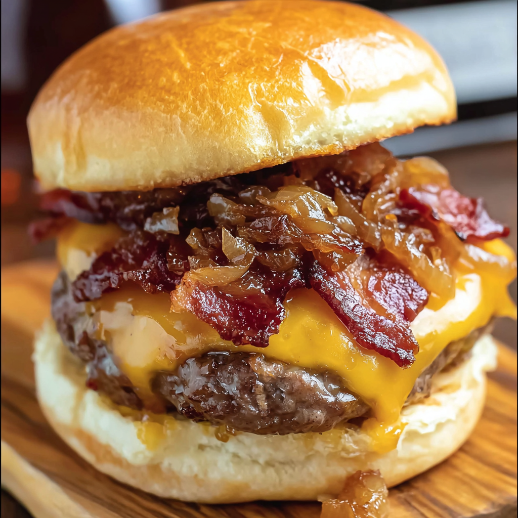 A close up of a burger with bacon and onions.