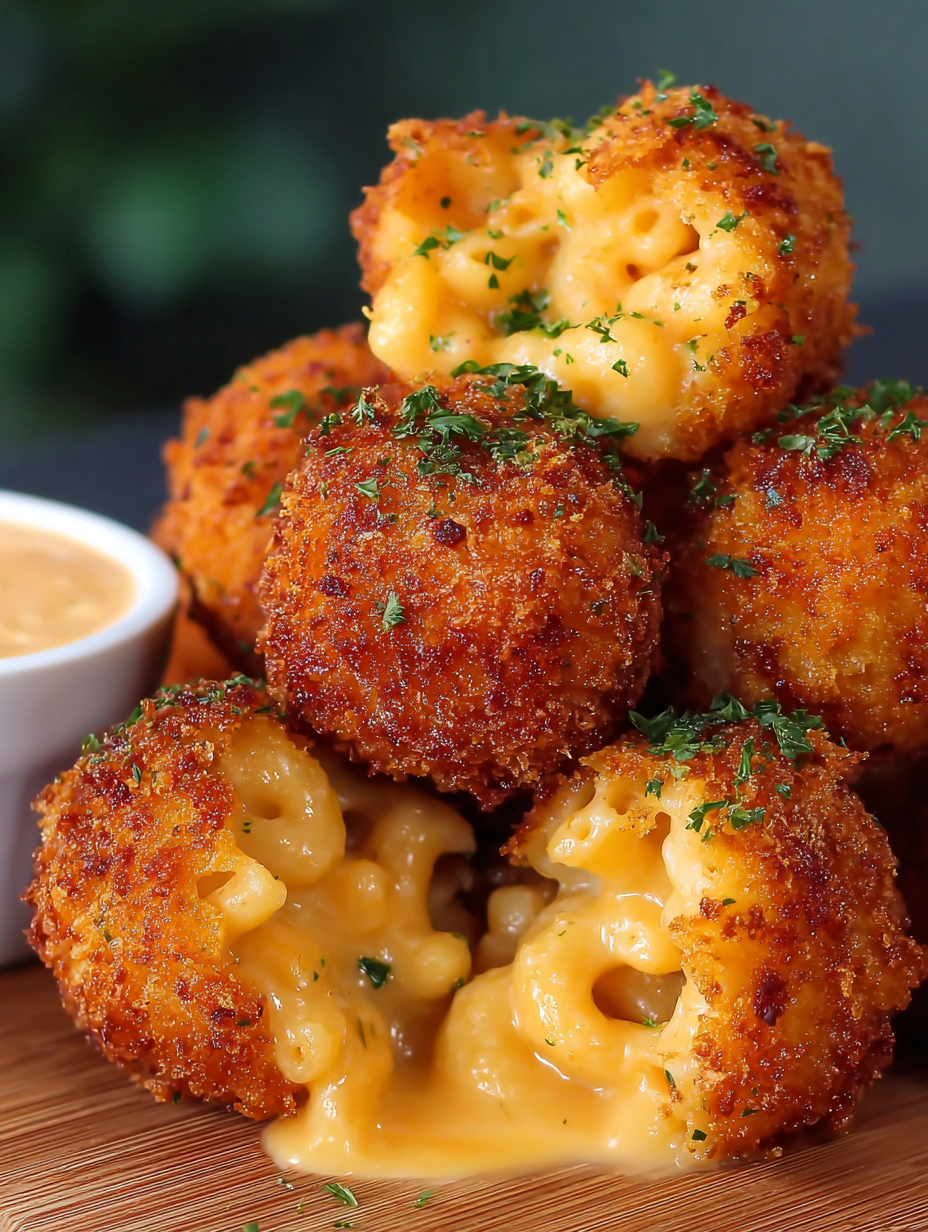 A stack of macaroni and cheese balls.