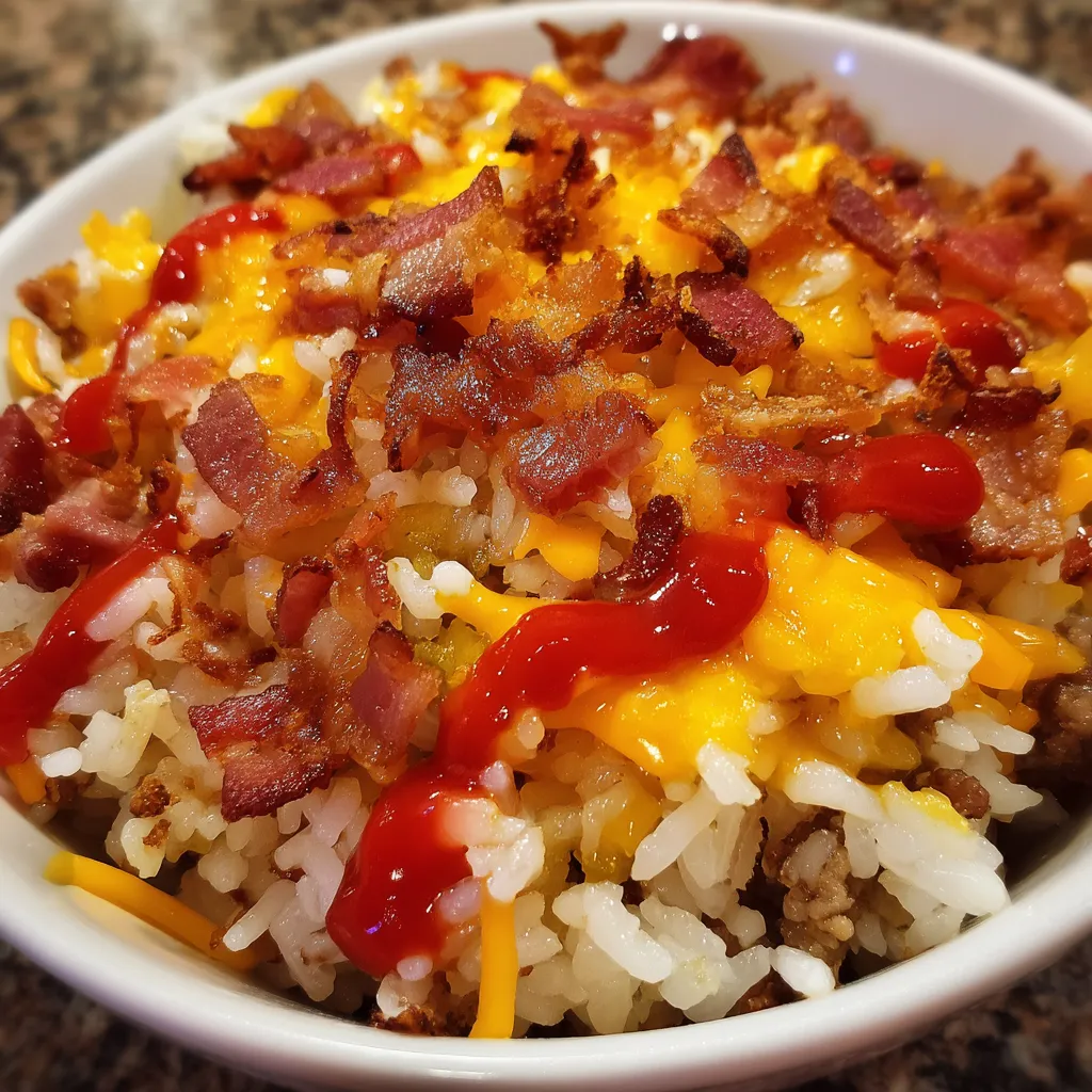 A bowl of food with cheese, bacon, and ketchup.