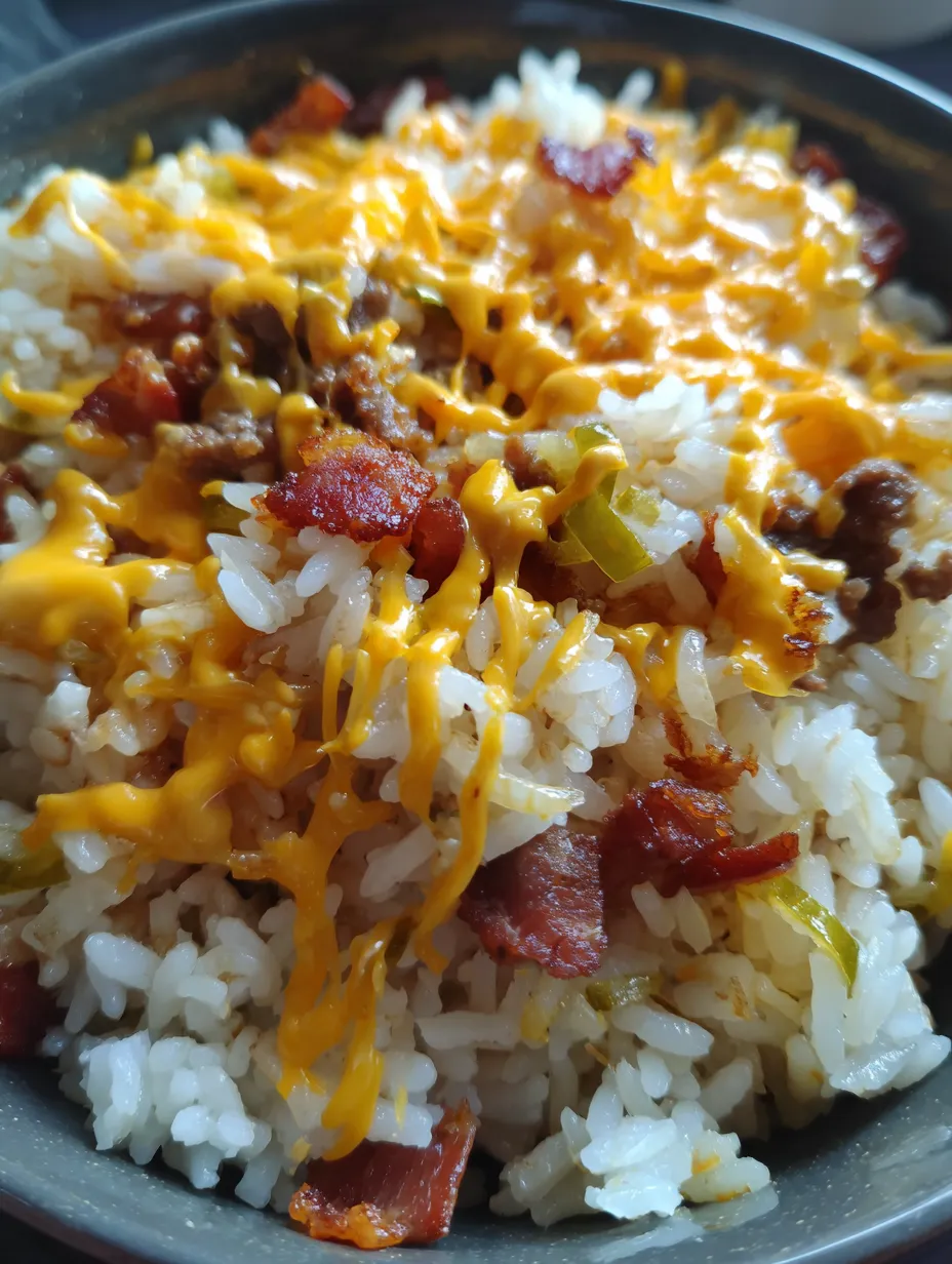 A bowl of rice with cheese and bacon.