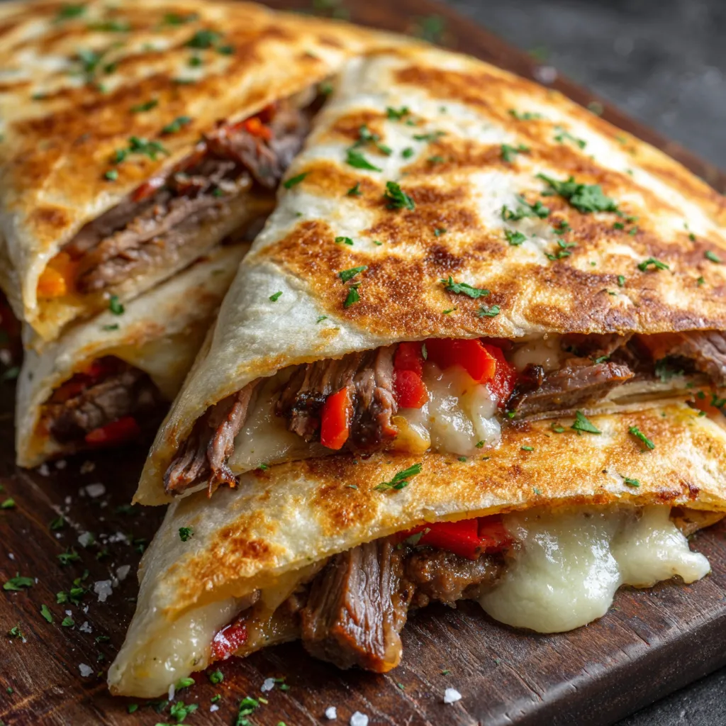 A sandwich with meat and cheese on a wooden table.