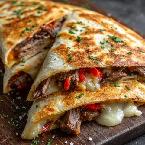 A sandwich with meat and cheese on a wooden table.