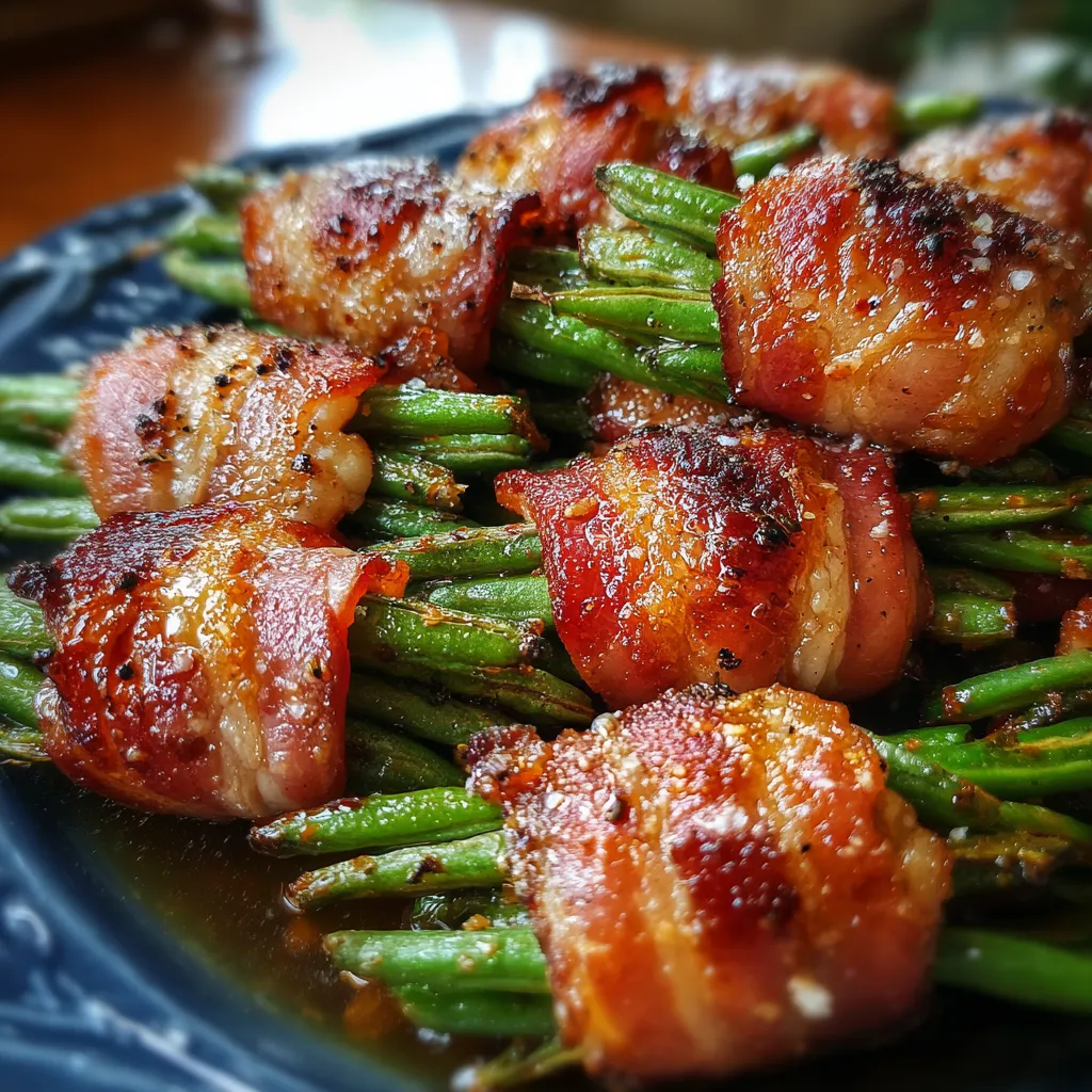 A plate of bacon wrapped green beans.