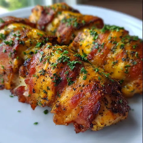 A plate of chicken with bacon wrapped around it.