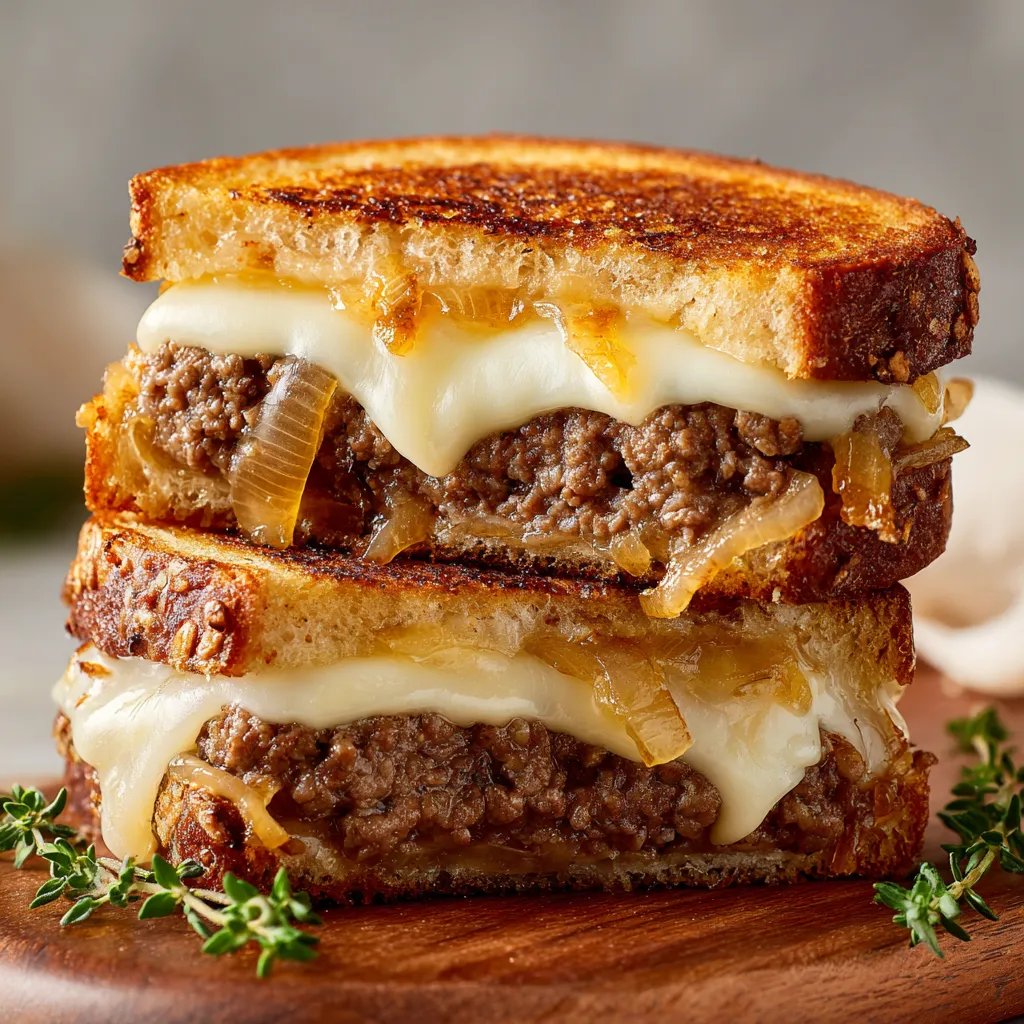 A sandwich with meat and cheese on a wooden table.