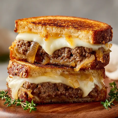 A sandwich with meat and cheese on a wooden table.