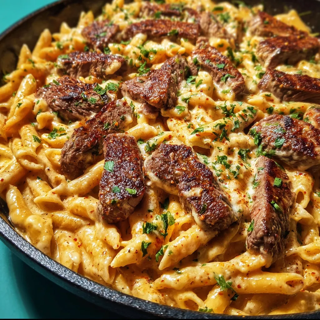 A skillet of pasta with meat and cheese.
