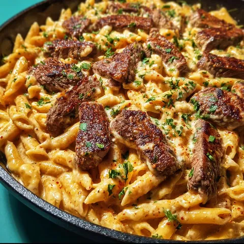 A skillet of pasta with meat and cheese.