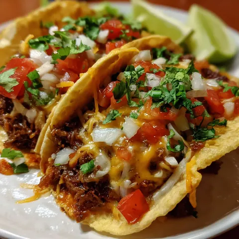 Two tacos with cheese and tomatoes on a plate.