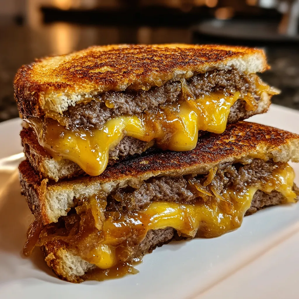 Two grilled cheese sandwiches with meat.