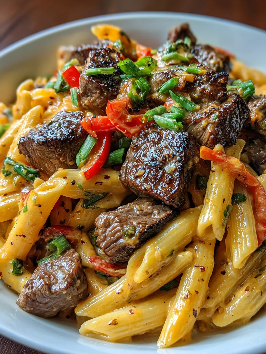 A plate of pasta with meat and peppers.