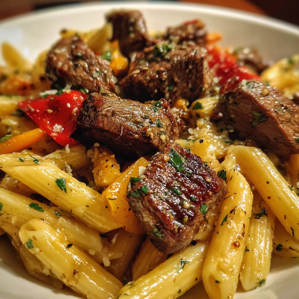 A plate of pasta with meat and vegetables.