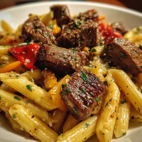 A plate of pasta with meat and vegetables.