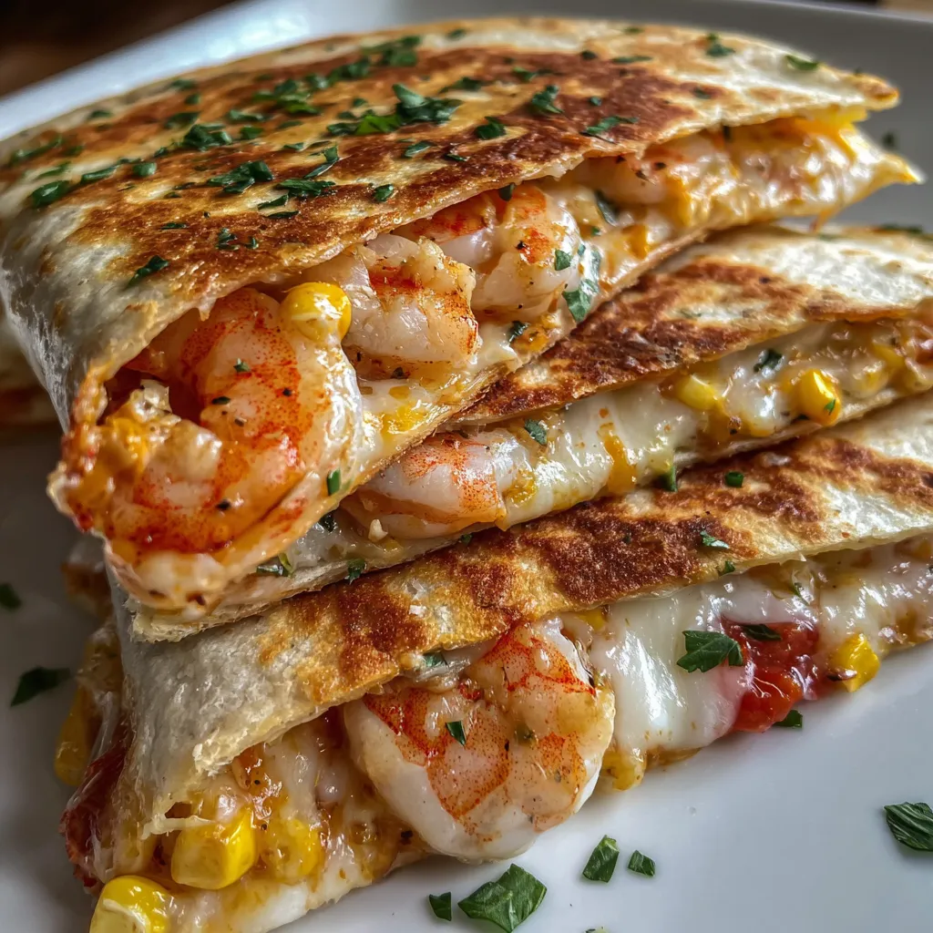 A stack of shrimp and corn quesadillas.
