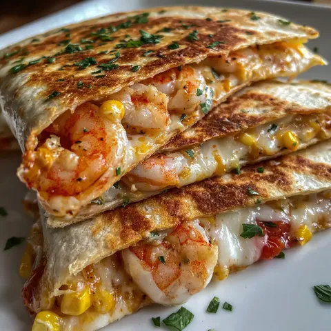 A stack of shrimp and corn quesadillas.