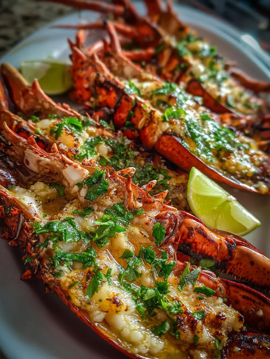 A plate of cooked lobster with herbs and lime.