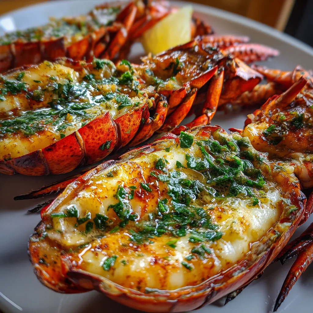A plate of cooked lobster with herbs.