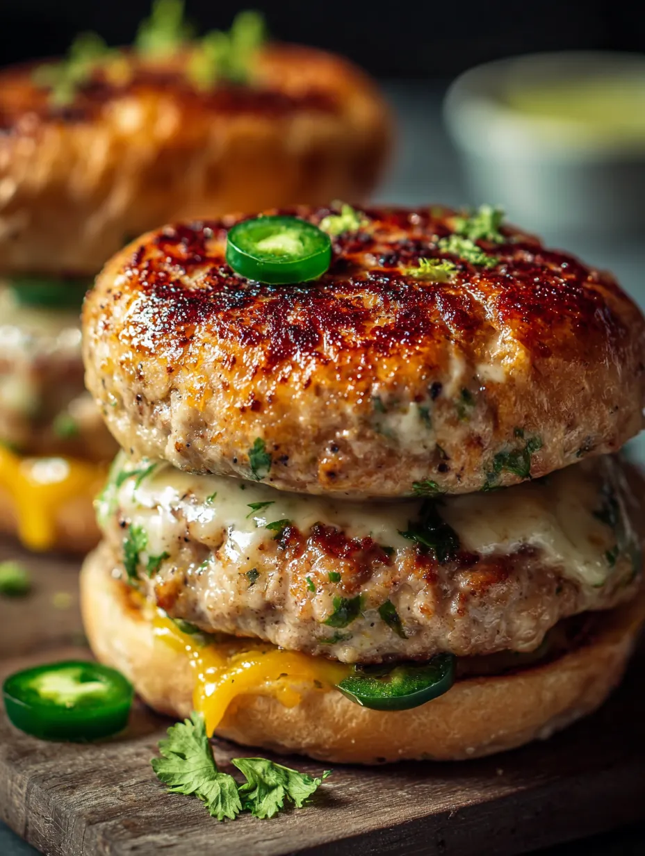 A stack of burgers with jalapenos on top.