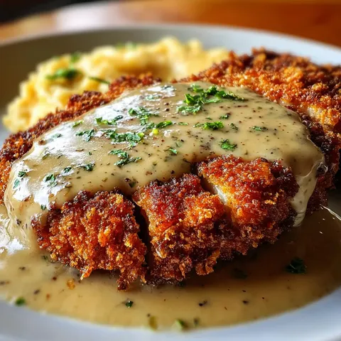 A plate of food with chicken and gravy.