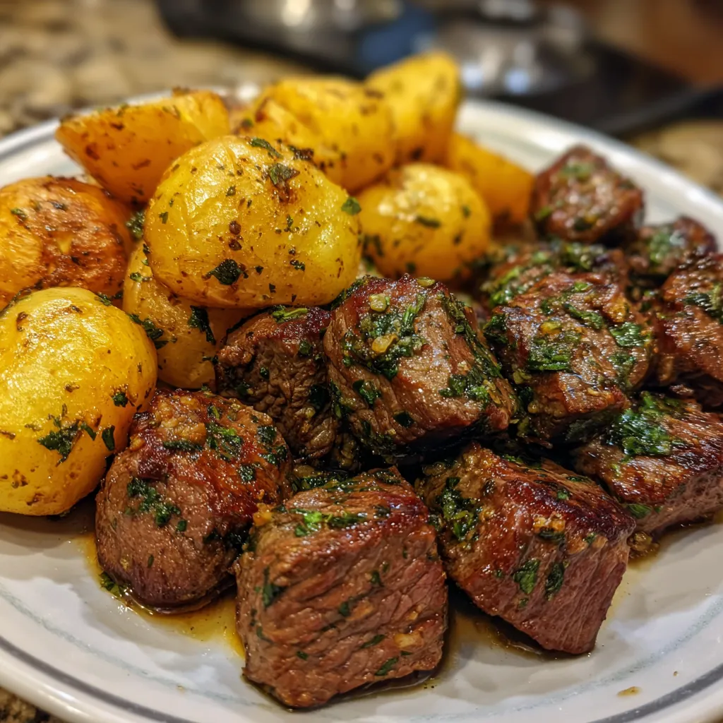 A plate of meat and potatoes.