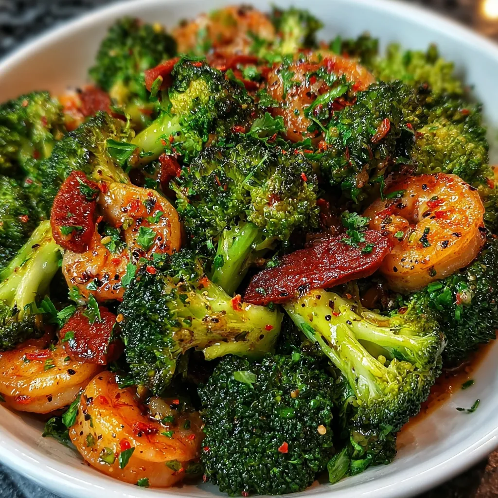 A bowl of broccoli and shrimp.
