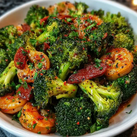 A bowl of broccoli and shrimp.
