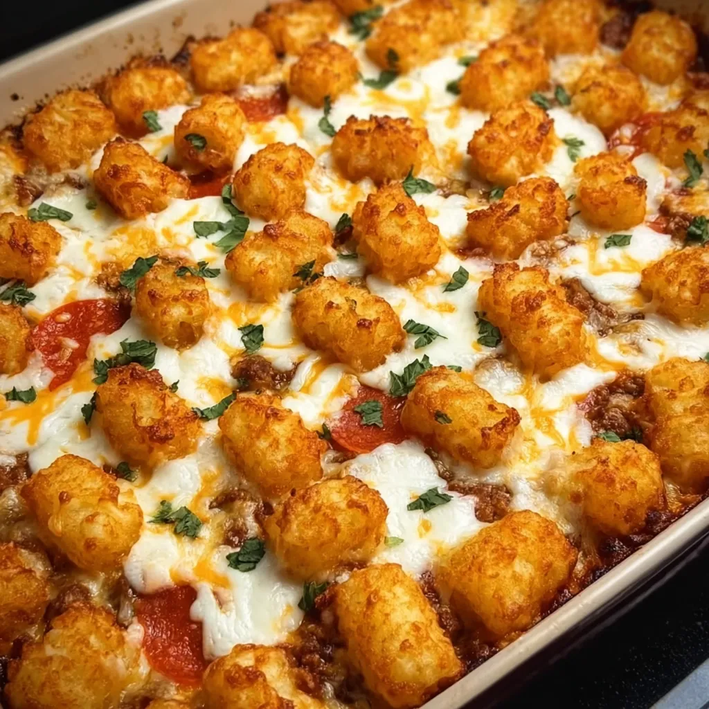A pan of food with a lot of cheese and tater tots.
