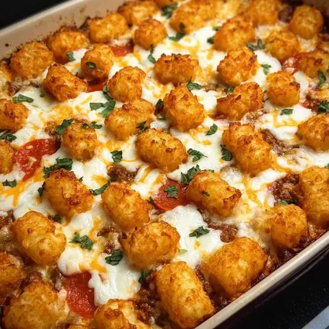 A pan of food with a lot of cheese and tater tots.