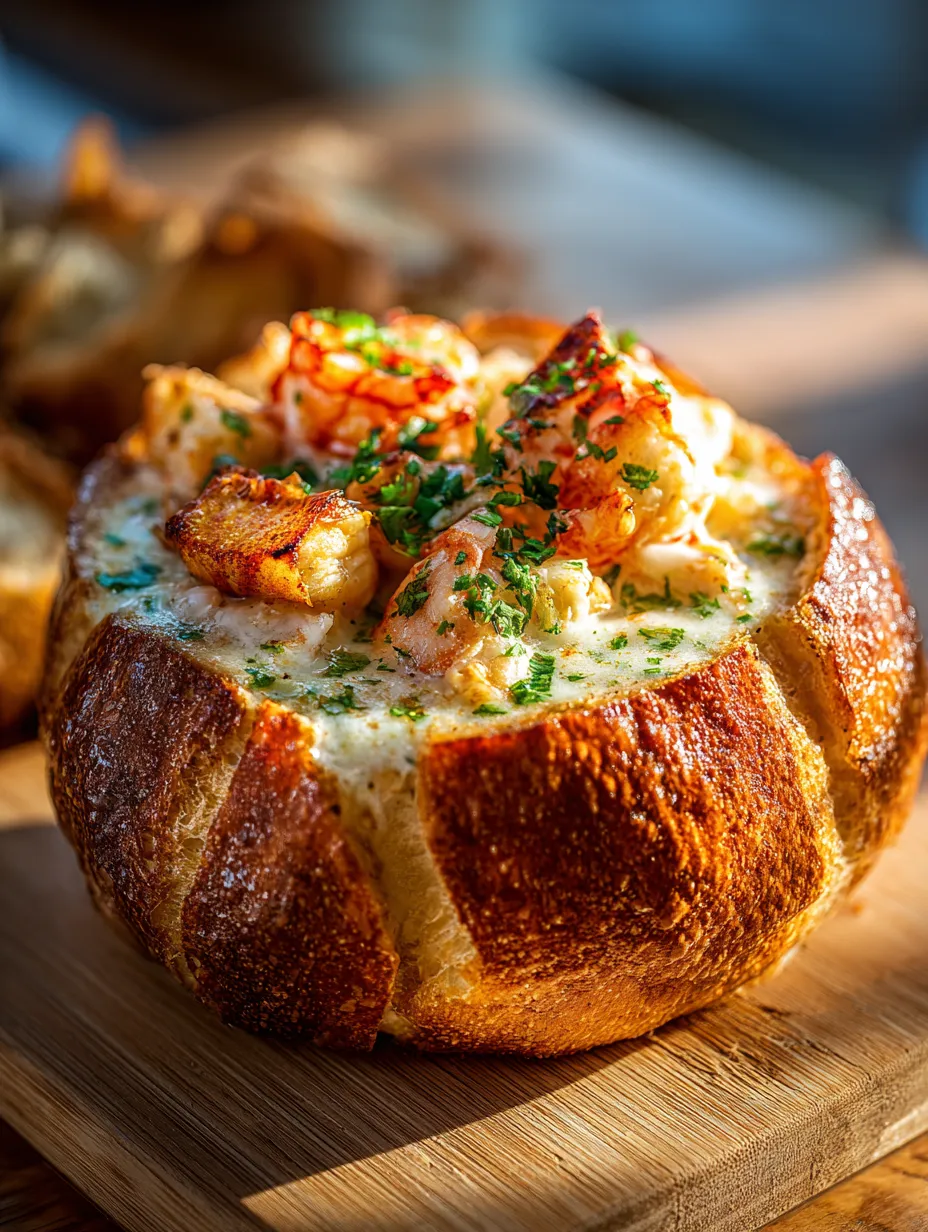 A baked bread bowl filled with shrimp and cheese.