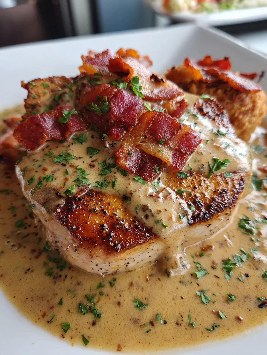 Bacon wrapped chicken with gravy.