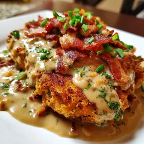 Bacon covered chicken with gravy.