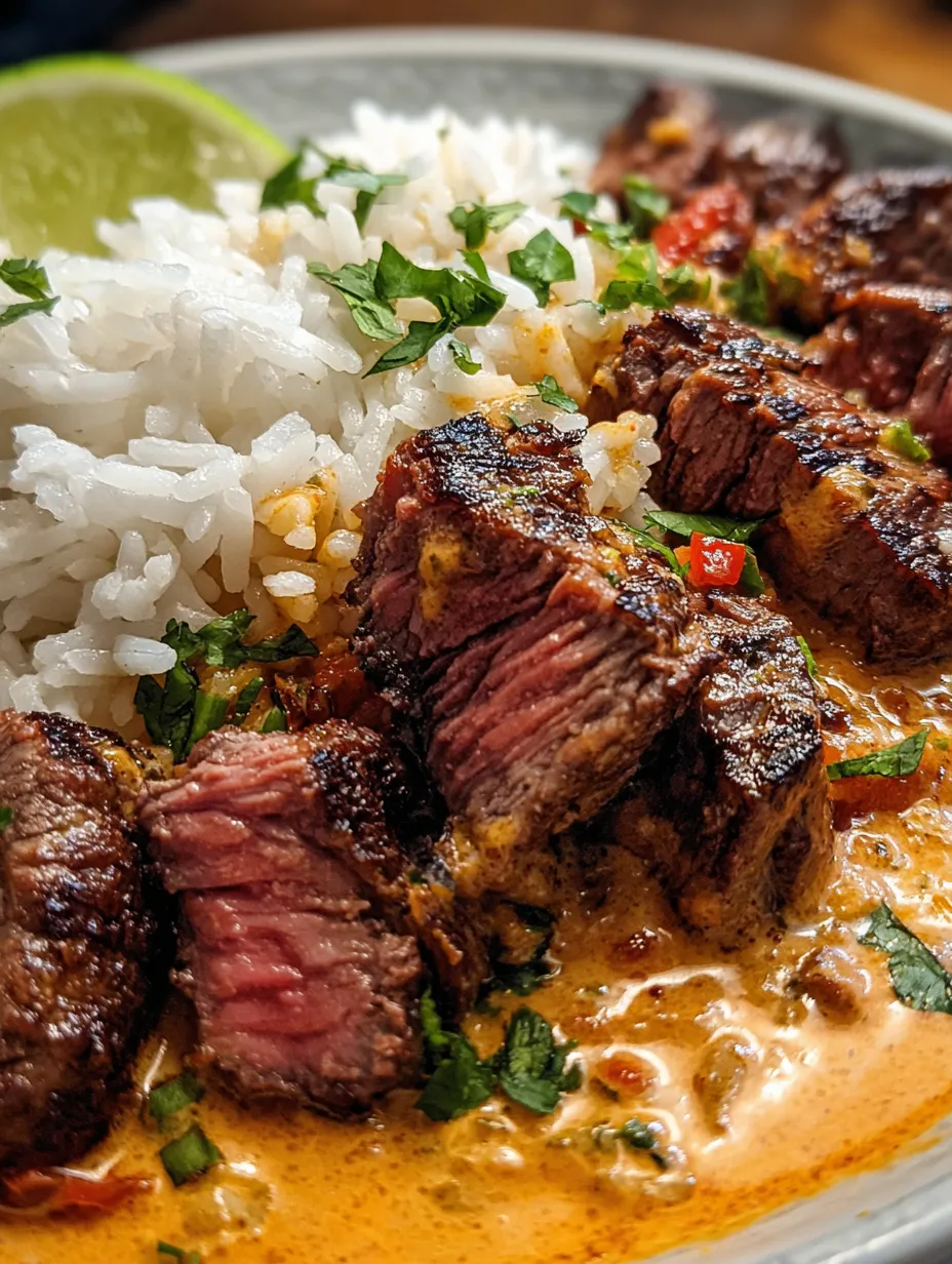Steak with rice and peppers.