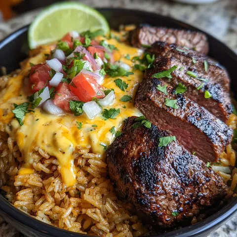 A plate of food with rice, meat, and vegetables.