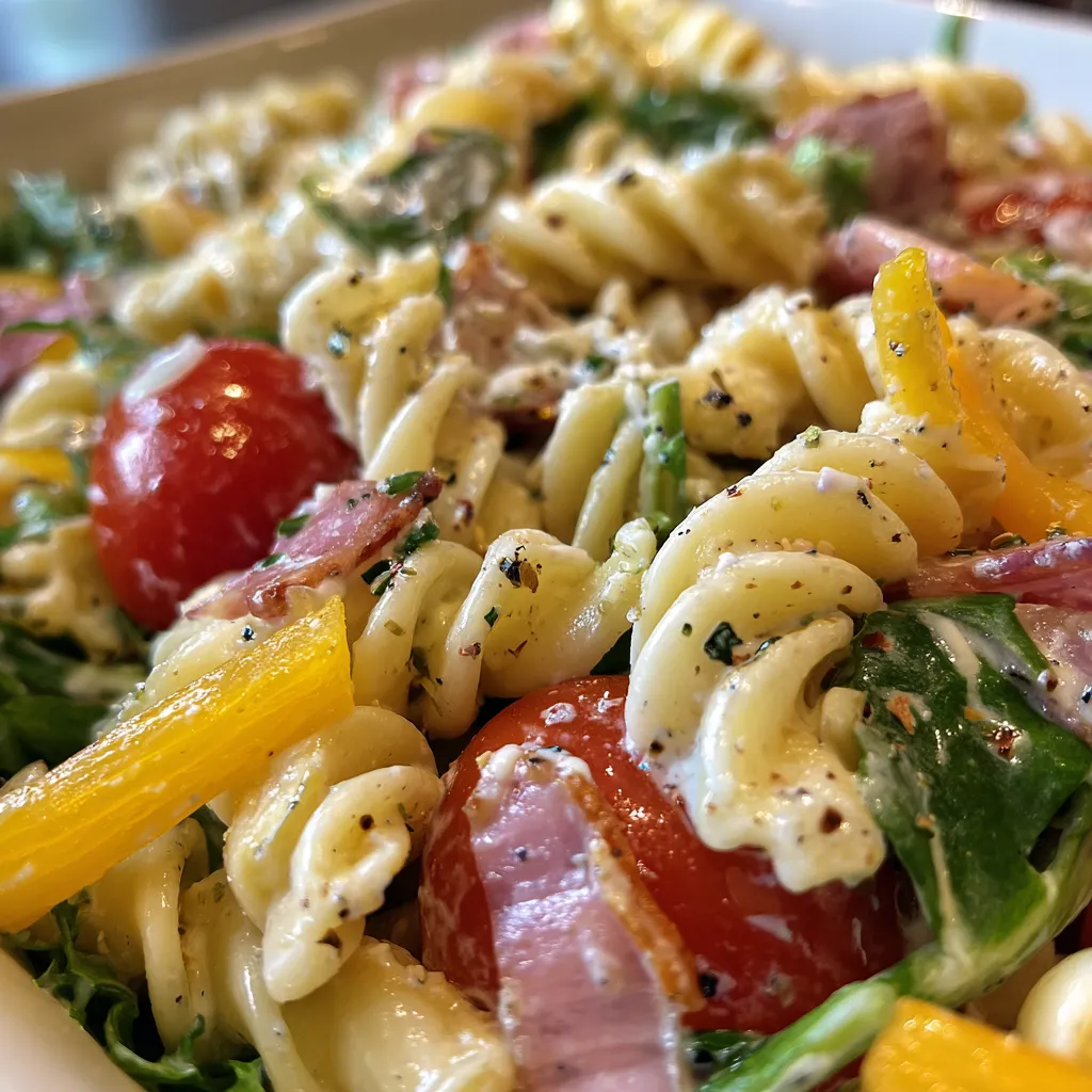 A bowl of pasta with tomatoes, spinach, and ham.