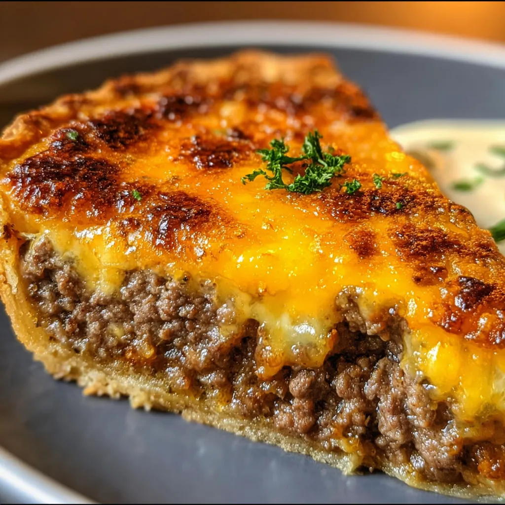 A slice of cheesy pie on a plate.