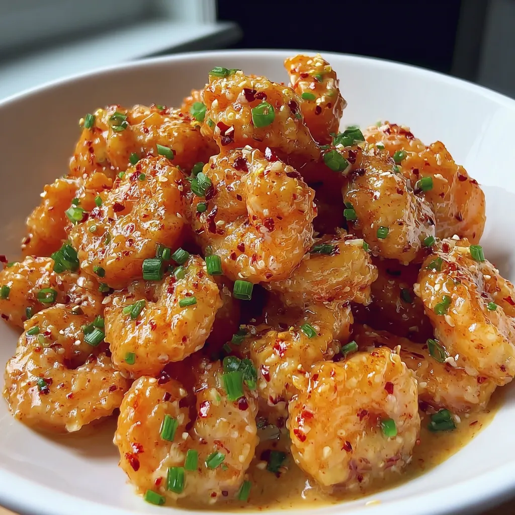 A bowl of shrimp with a spicy sauce.
