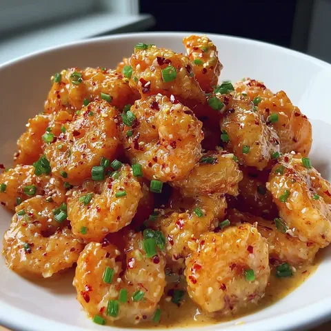 A bowl of shrimp with a spicy sauce.