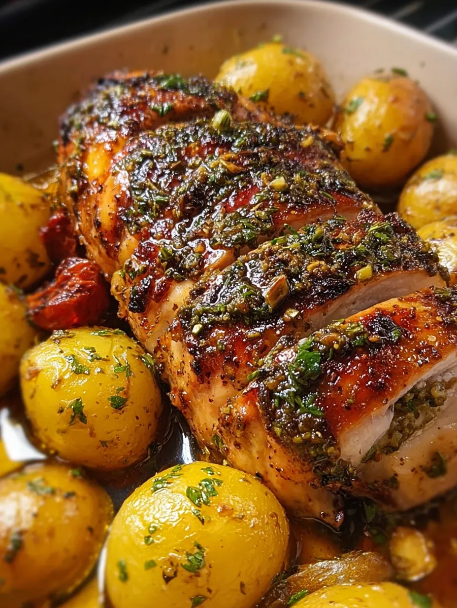 A chicken breast with herbs and potatoes.