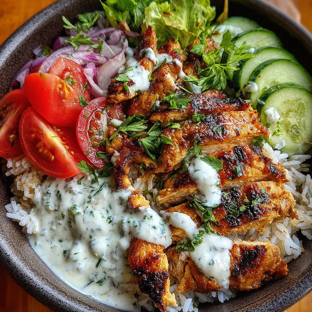 A bowl of food with rice, meat, tomatoes, onions, lettuce, and cucumbers.