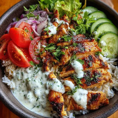 A bowl of food with rice, meat, tomatoes, onions, lettuce, and cucumbers.