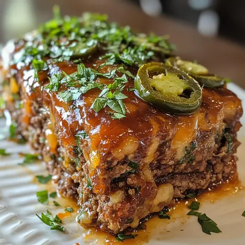 A plate of meat with jalapenos on top.