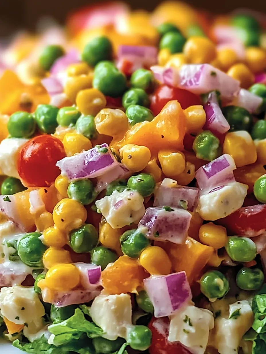 A close up of a salad with corn, peas, and tomatoes.
