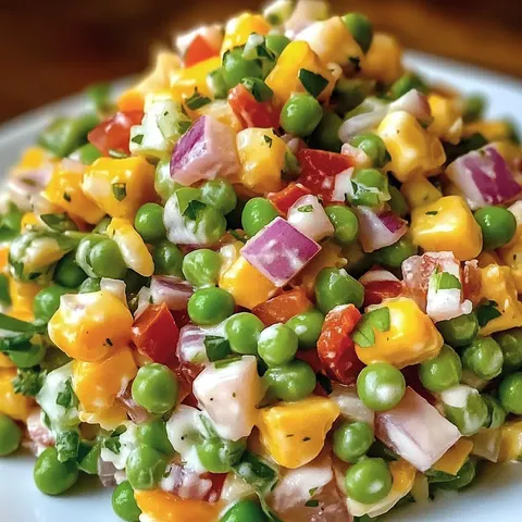 A white plate with a salad of peas, corn, tomatoes, and onions.